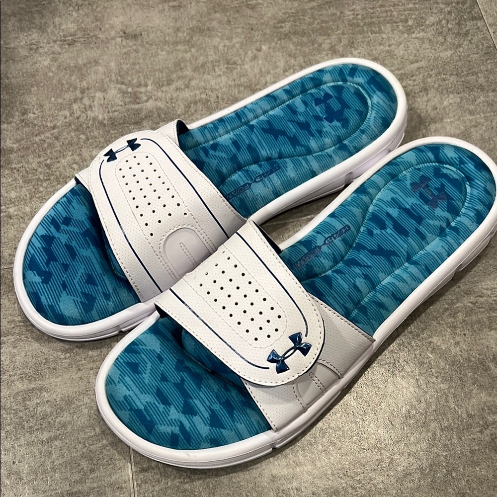 Under Armour Men's Blue and White Slide Sandals Size 10